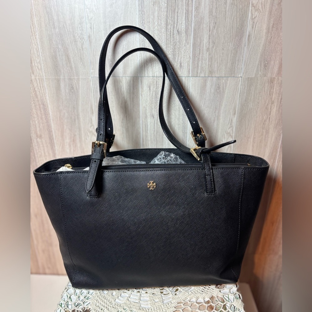 Tory Burch York Buckle Tote Bag Black Saffiano Leather with Gold Accents